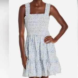 Aqua Ruffle Strap Sleeveless Floral Print Tiered Smocked Mini Dress. Medium. NEW